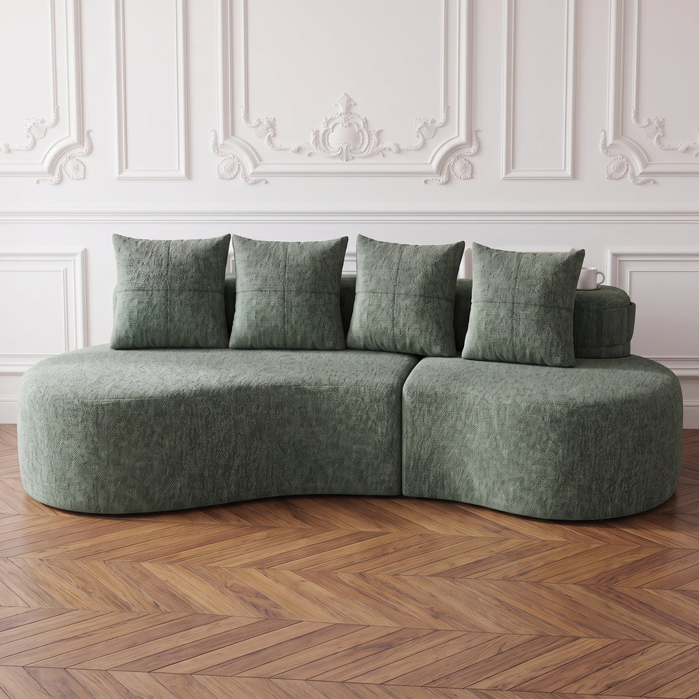 Canapé Courbe Éloane Bouclette Vert Sauge | Design Sculptural 240 cm | 4 Coussins Inclus